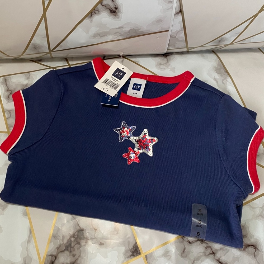 NWT Vintage 2005 Gap Kids Med 8 Knit Shirt Patriotic Sequin Star Blue Red White